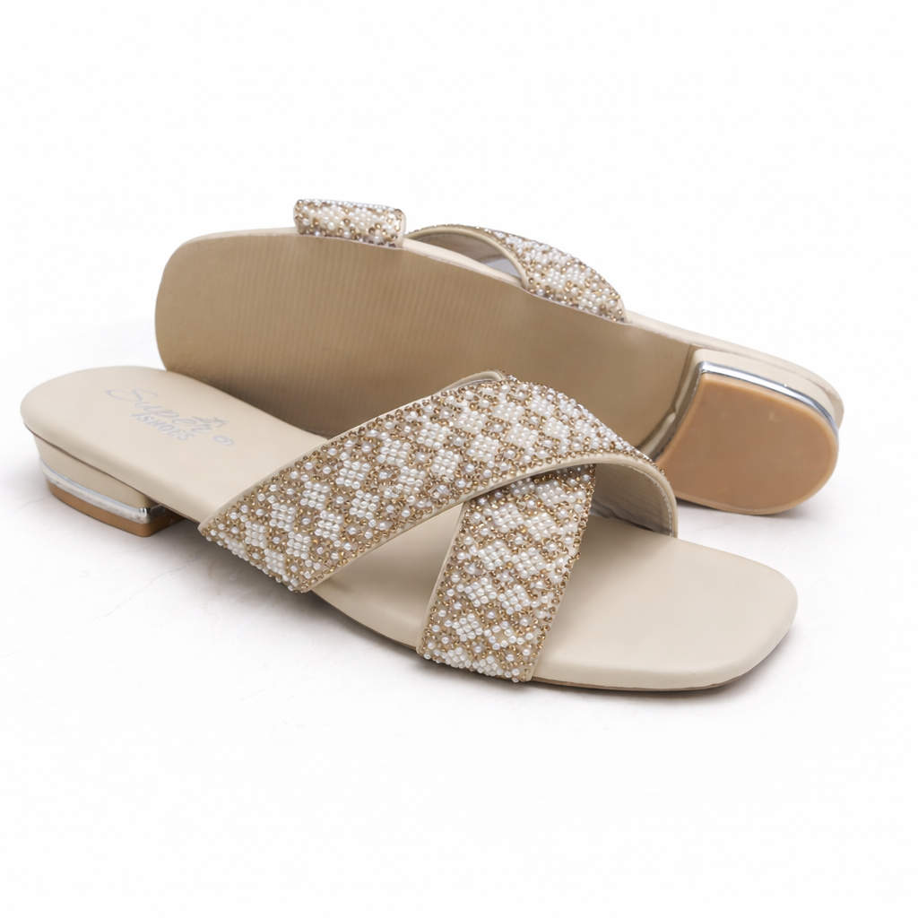 Beige Pearl Cross Strap - Flats