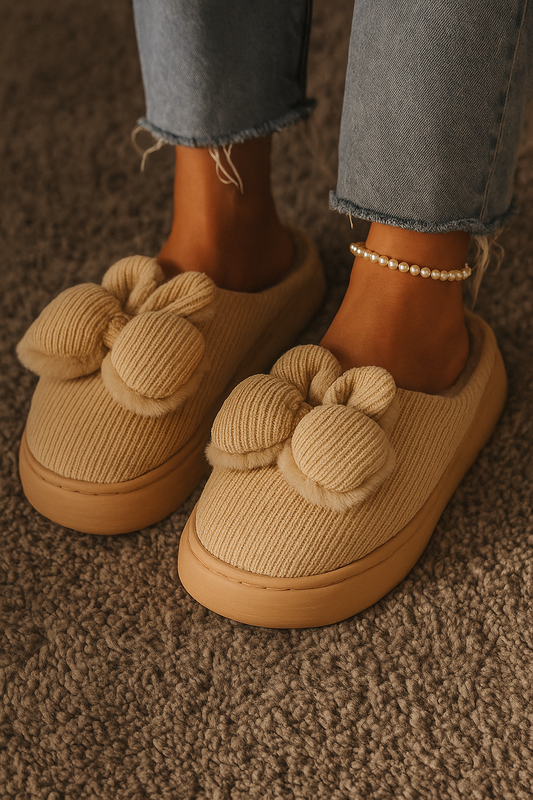 Beige Bow Slippers