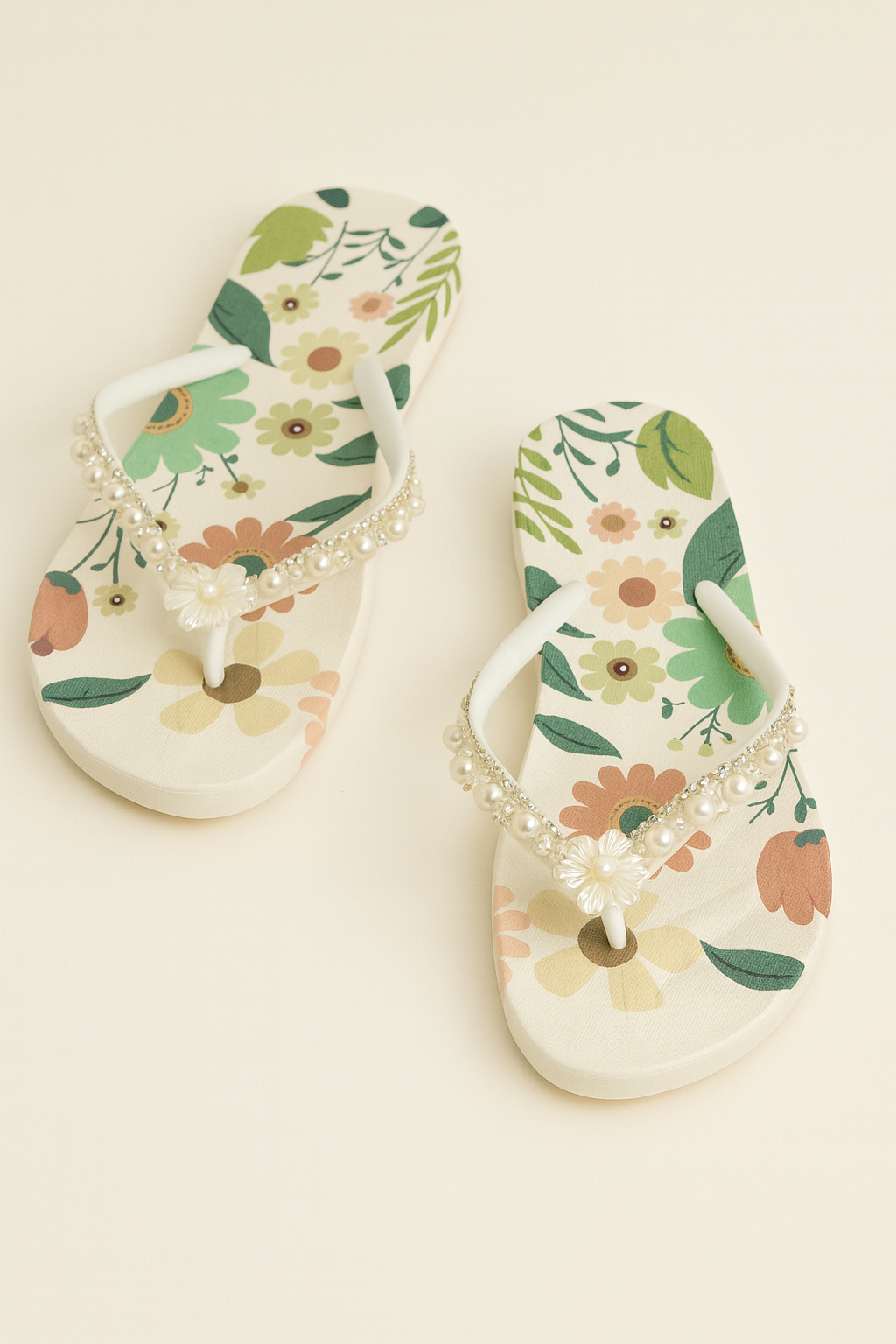 Floral Pearl-Embellished Flip-Flops