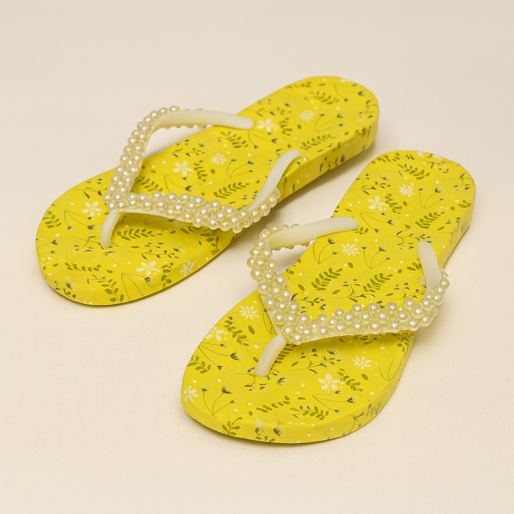 Yellow Floral Pearl flipflops
