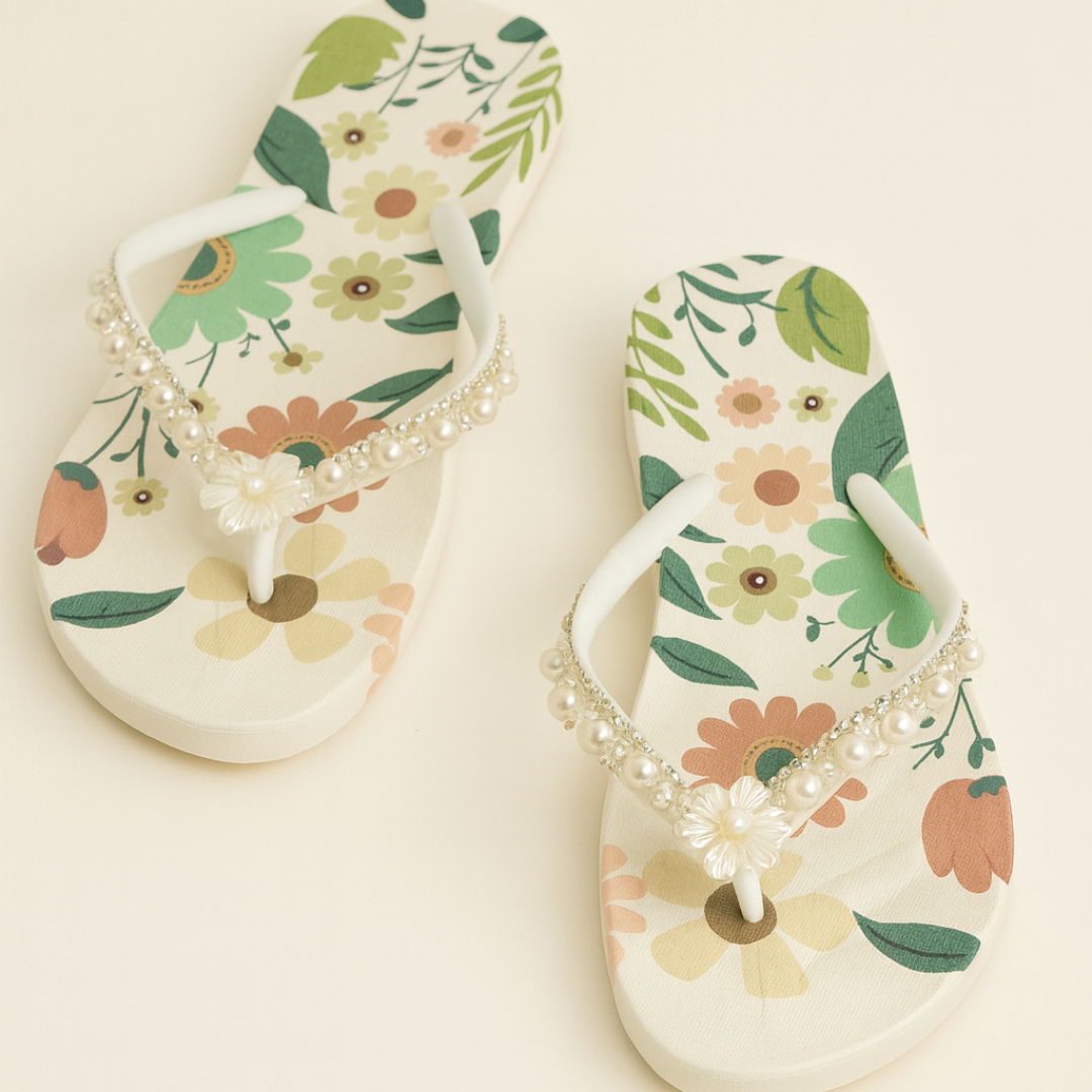 White Floral Pearl - Soft  Flip Flops