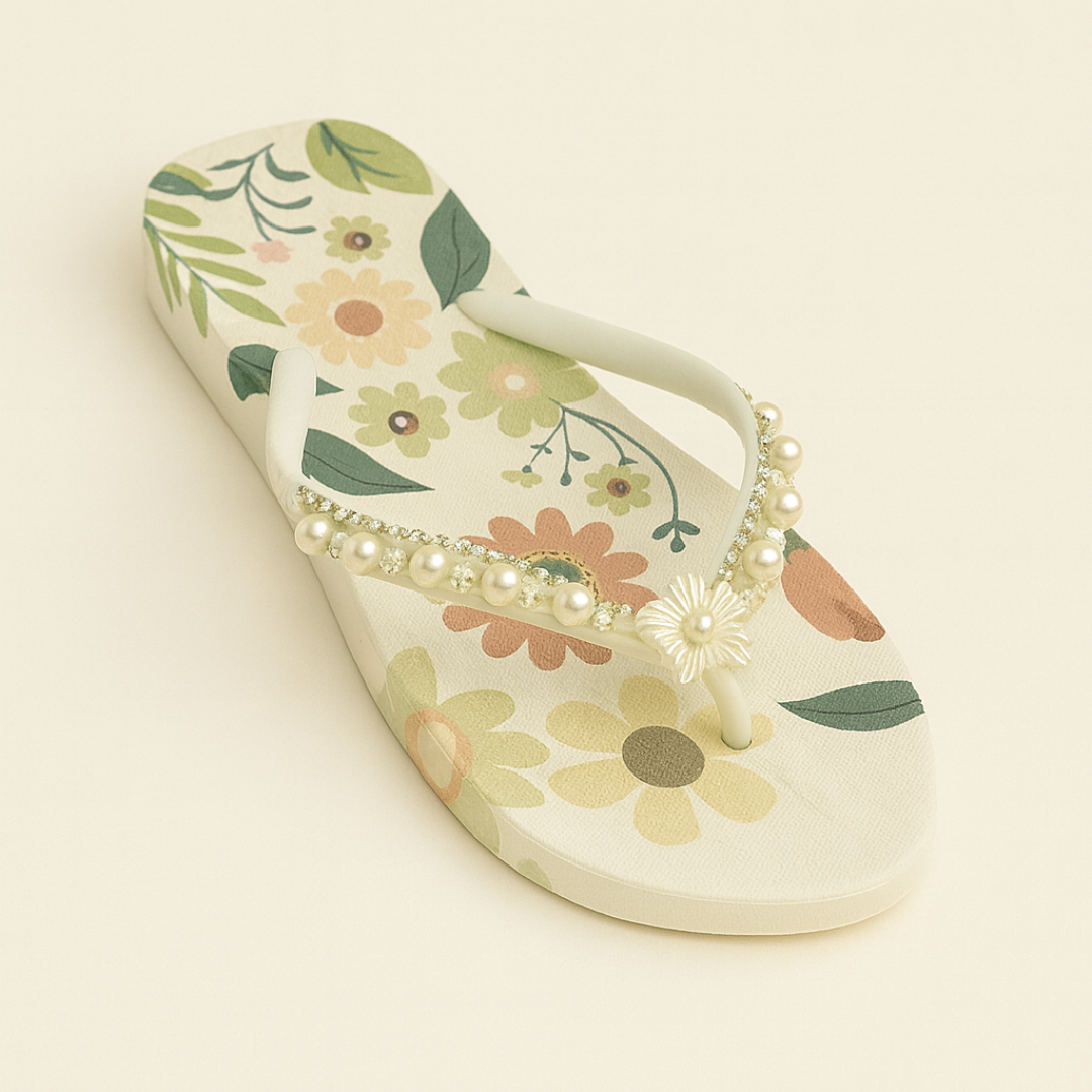 White Floral Pearl - Soft  Flip Flops