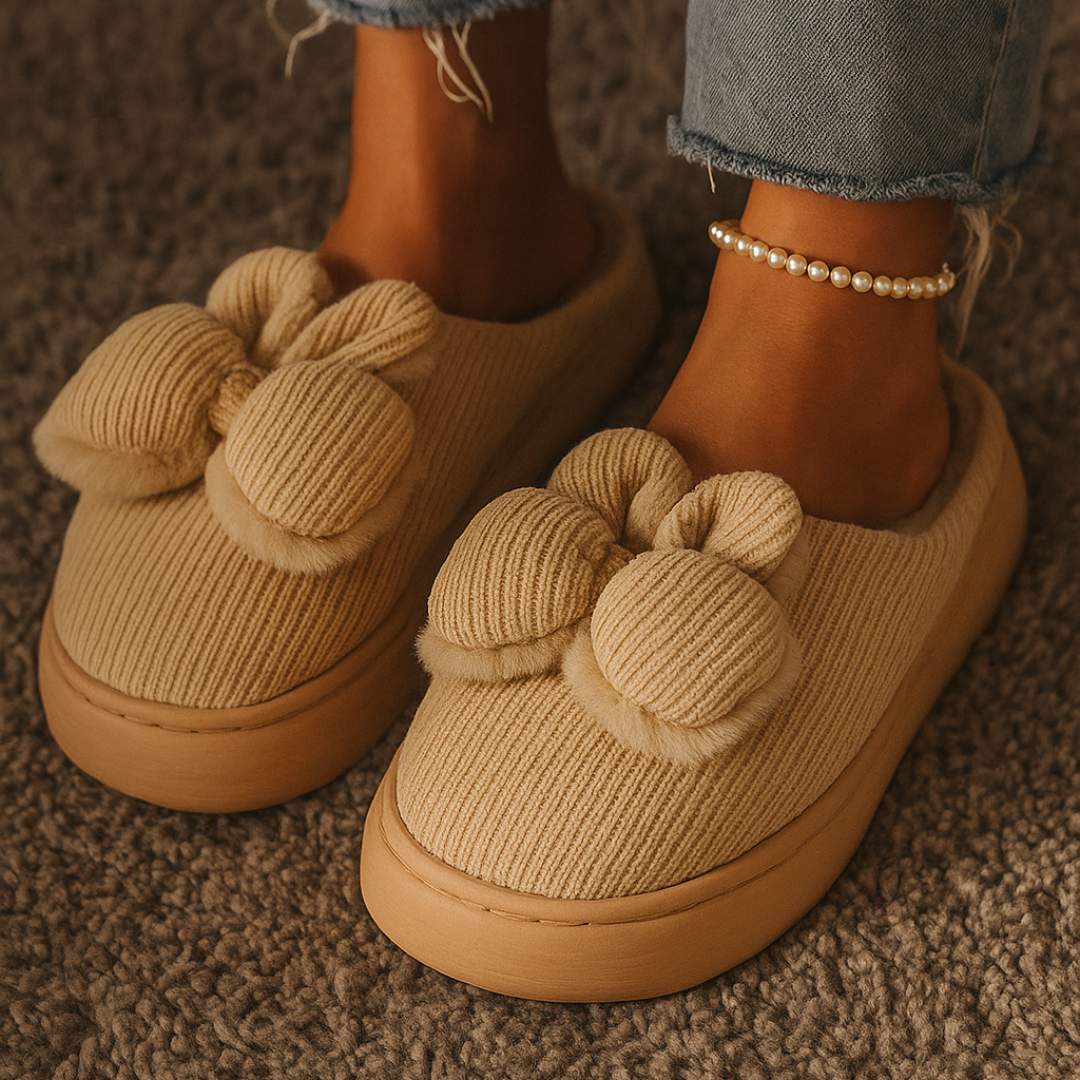 Beige Bow Slippers