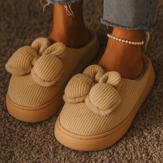 Beige Bow Slippers