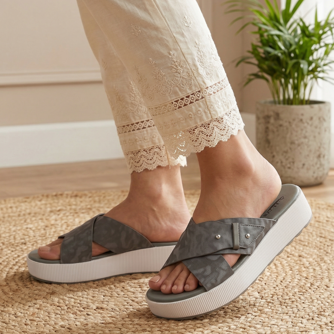Women's Grey Cross Strap - Medicated Slippers