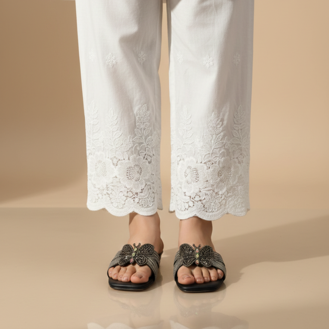Elegant black fancy flats with butterfly embellishment for women – trendy slippers Pakistan