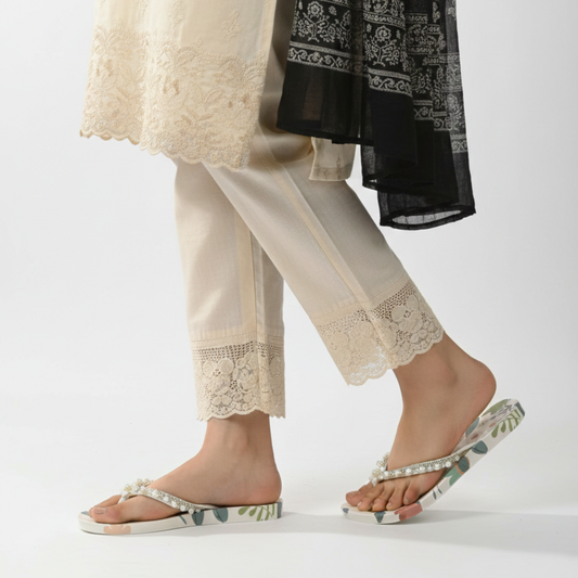 Luxury floral flip flops with pearl strap stylish ladies 
