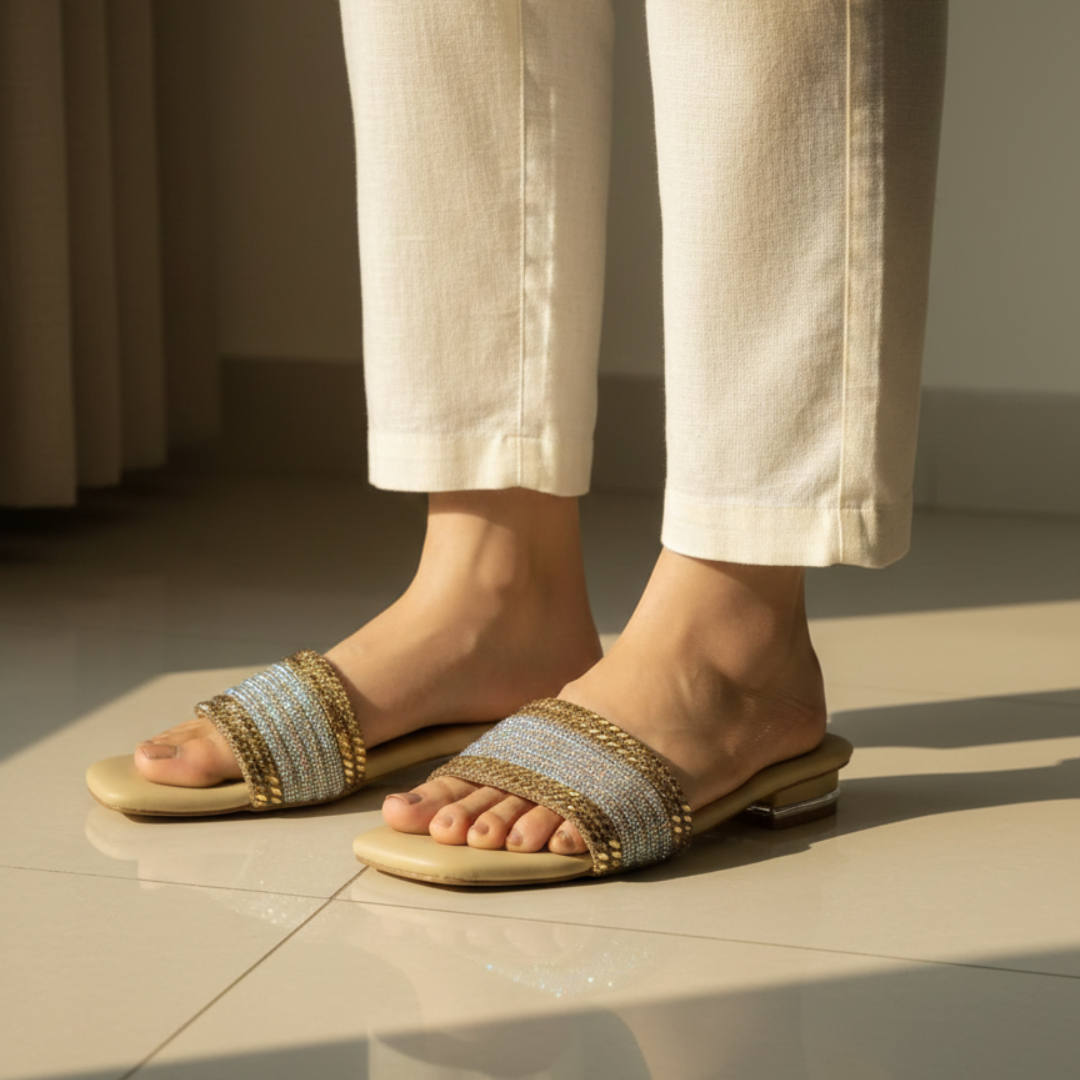 gold embellished fancy flat slippers for women – stylish casual ladies footwear Pakistan