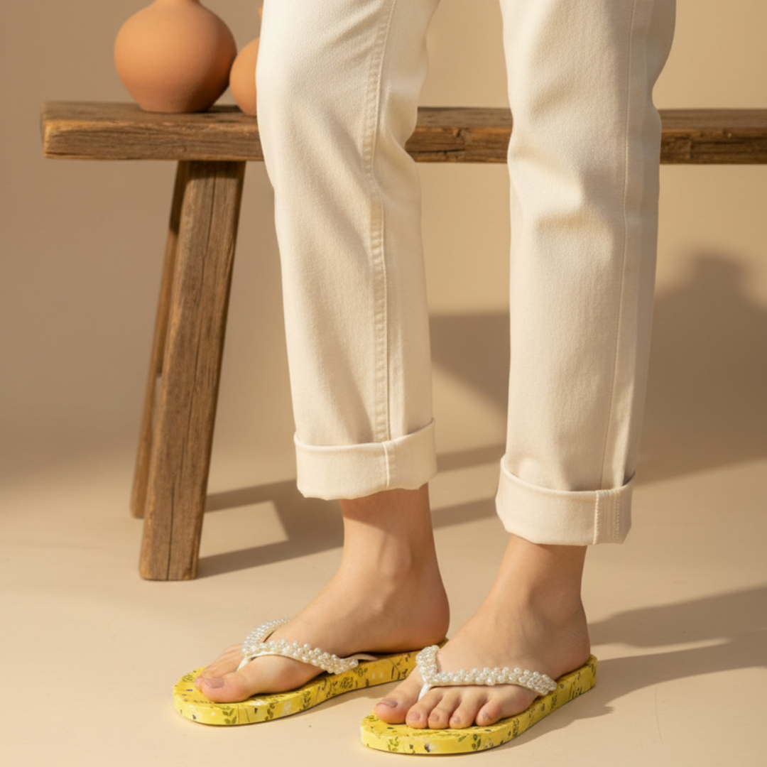 Yellow pearl strap flip flops for women stylish summer slippers